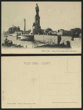 Antigua postal de pesca PortSaid estatua faro de Lesseps