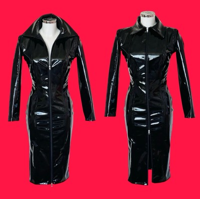 Misfitz schwarz PVC Kragen Bleistiftkleid + Gürtel. Zwei Wege Reißverschluss. GR 24.  TV CD Goth