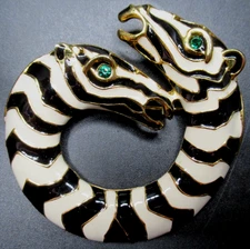 KJL KENNETH J LANE Black White Enamel Green Rhinestone Zebra Vintage Pin Brooch