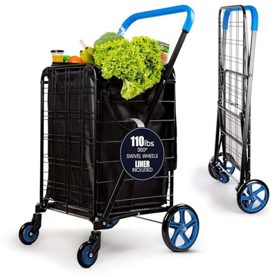 #ad SereneLife Large Folding Utility Shopping Cart with Removable Liner Blue $57.89