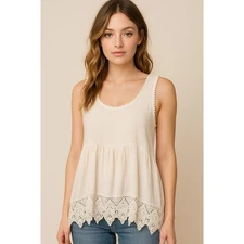 Trillium Tank Top XS  Ivory White Lace Hem Boho Fairycore Cottagecore Festival