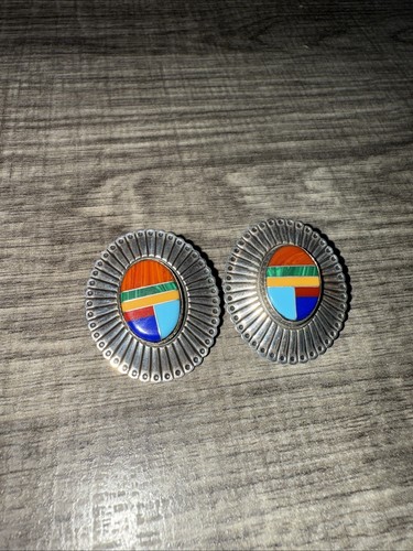 Vintage Sterling Silver Multi Stone Oval Stud Earrings Southwestern