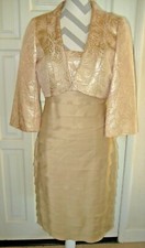 Alex Evenings bolero strap sheath tan/metallic tiered ruffles 2 pcs dress set 8