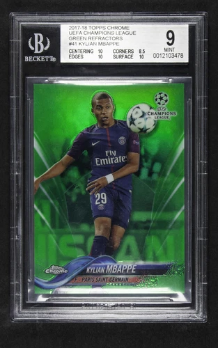 2017-18 Kylian Mbappe Topps Chrome UEFA Champions League Green Ref #41 /99 BGS 9