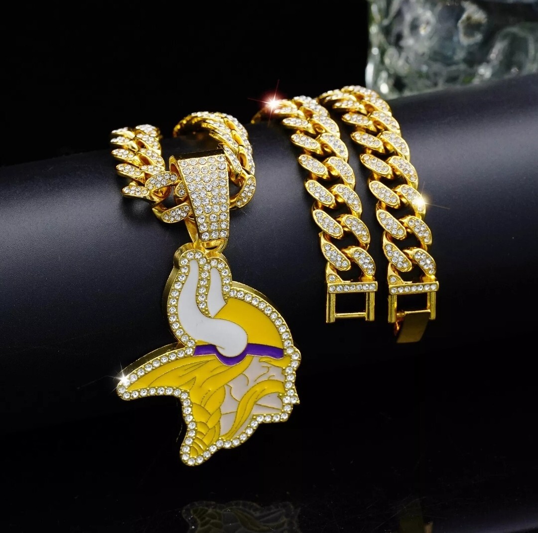 MINNESOTA VIKINGS GEM NECKLACE Bling Football Pendant & 24