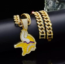 MINNESOTA VIKINGS GEM NECKLACE Gold Bling Football Pendant & 24"Chain