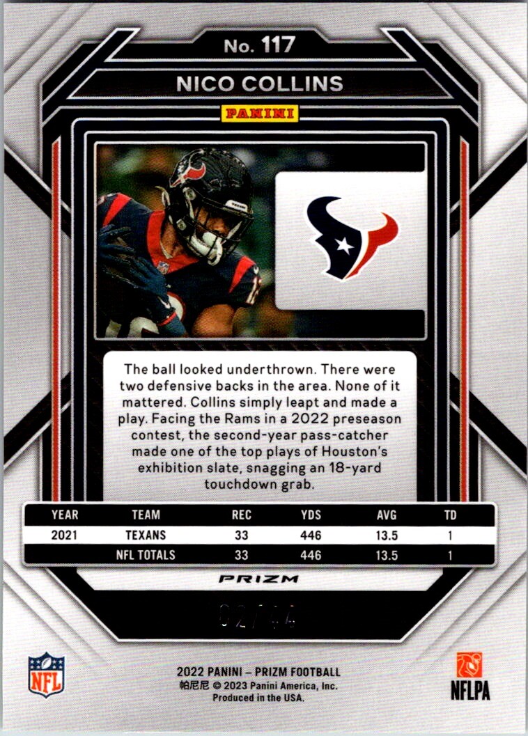 2022 Panini Prizm #117 Nico Collins Yellow Prizm Yellow