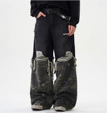 Men Black Camouflage Mixed Denim Jeans Straight Leg Casual Punk Hip Hop Trousers
