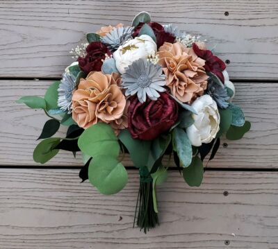 Burgundy Gray Peach Bridal Bouquet Sola Wood Hydrangea Wedding Bride Flowers