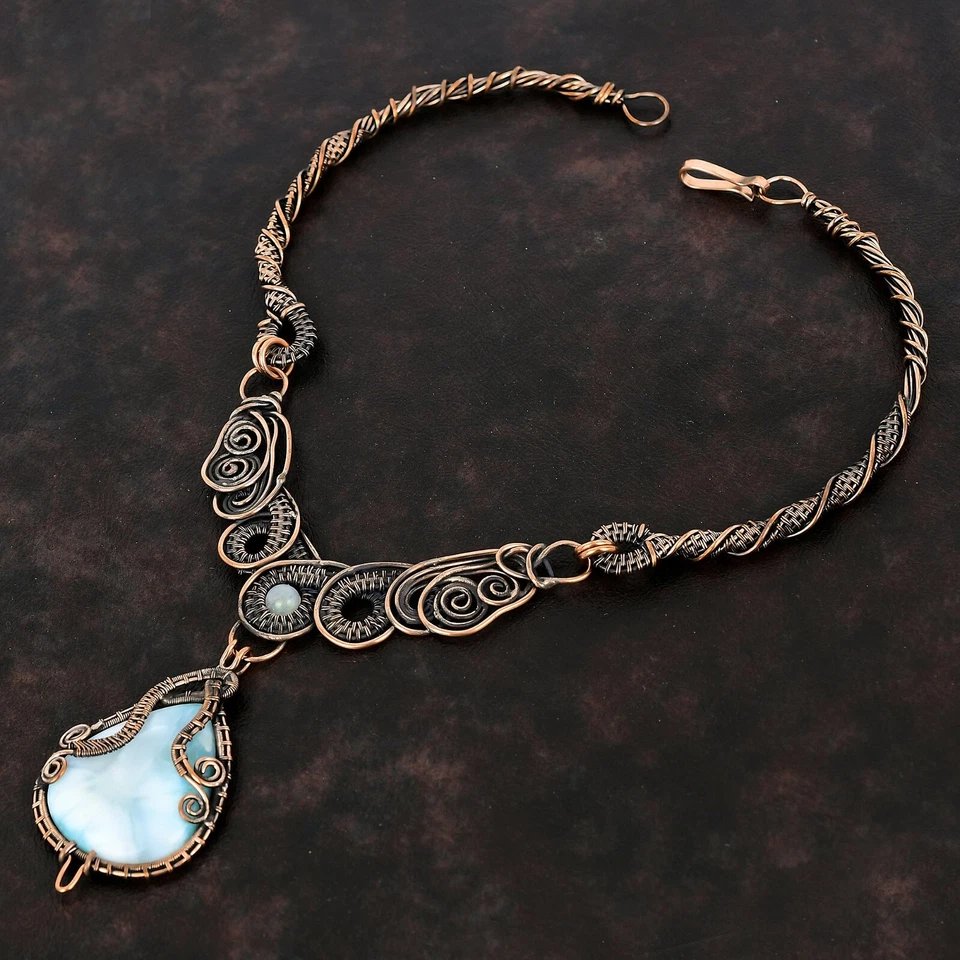 Joyería de piedras preciosas Larimar regalo de cobre para mamá collar de cadena envuelto en alambre 18,0" Foto 3 de 4