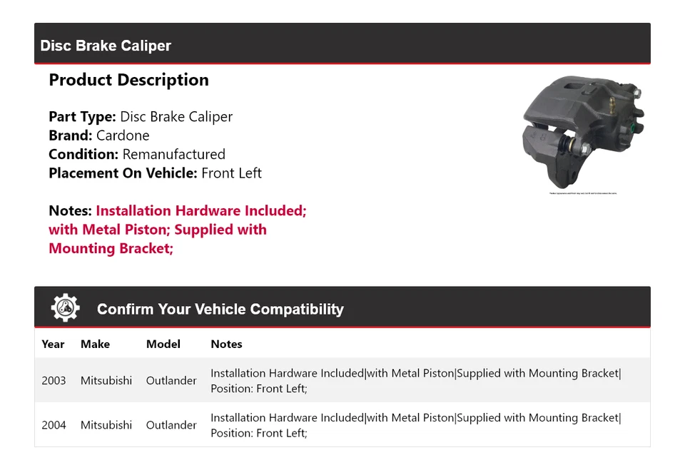 Pinza de freno de disco delantera izquierda cardone para Mitsubishi Outlander 2003-2004 Foto 2 de 4