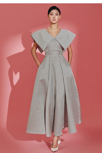 Abito lungo donna Runway a righe stile francese grande bavero scollo a V linea A swing taglia - Foto 7 di 25