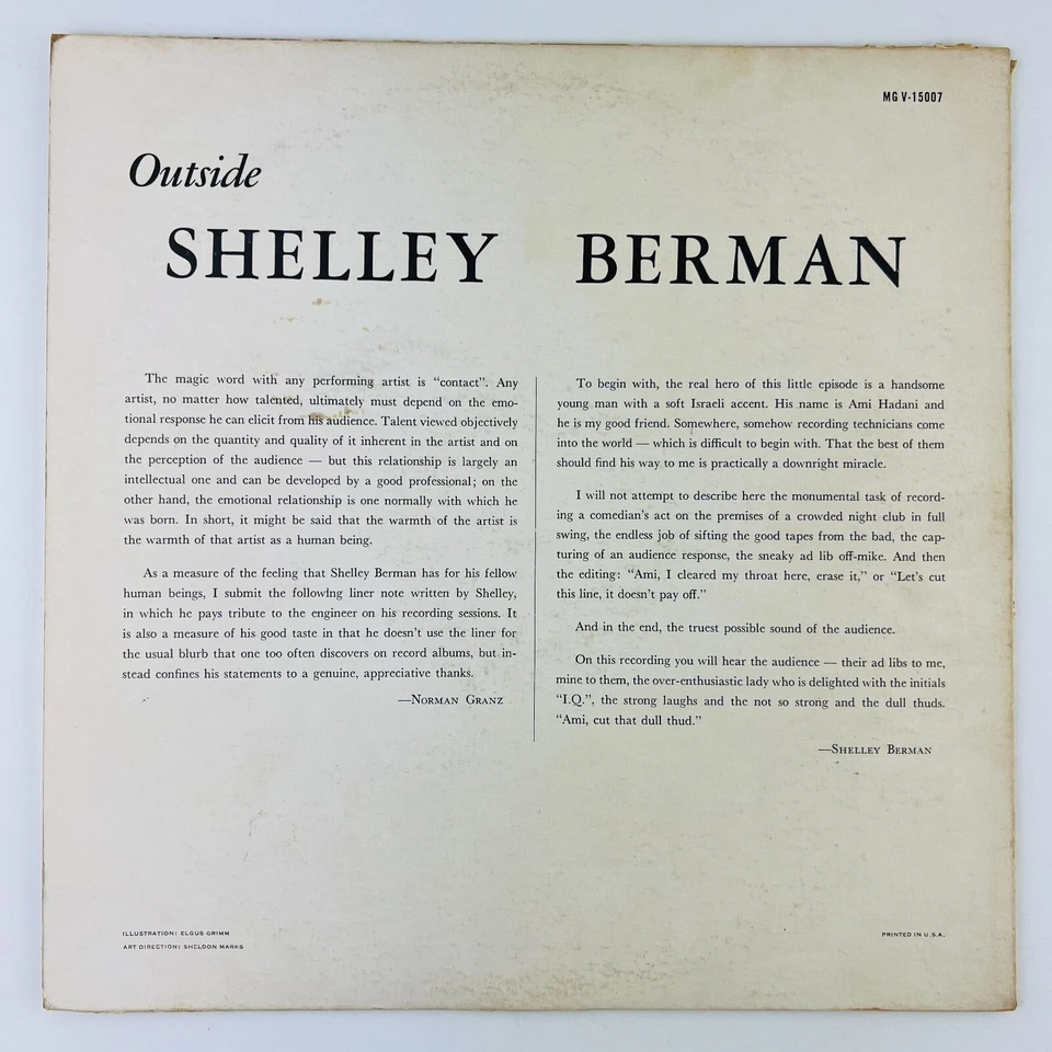 Shelley Berman – Outside Shelley Berman Vinyl LP Record Album MG V-15007 - Image 2 of 2