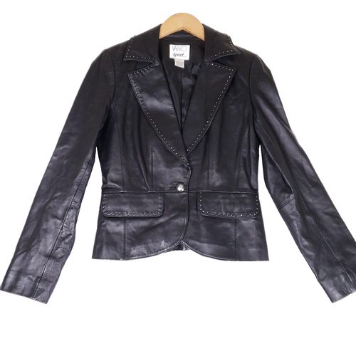 Vakko Sport Black Leather Studded Blazer Jacket Women Size 4 Edgy Glam Rockcore