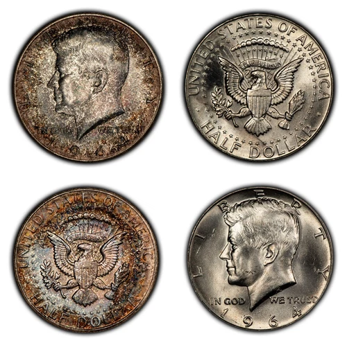 2-Coin 1964 50c Kennedy Half Dollar Colorful End Cap Toning BU - .72 ASW - H2742