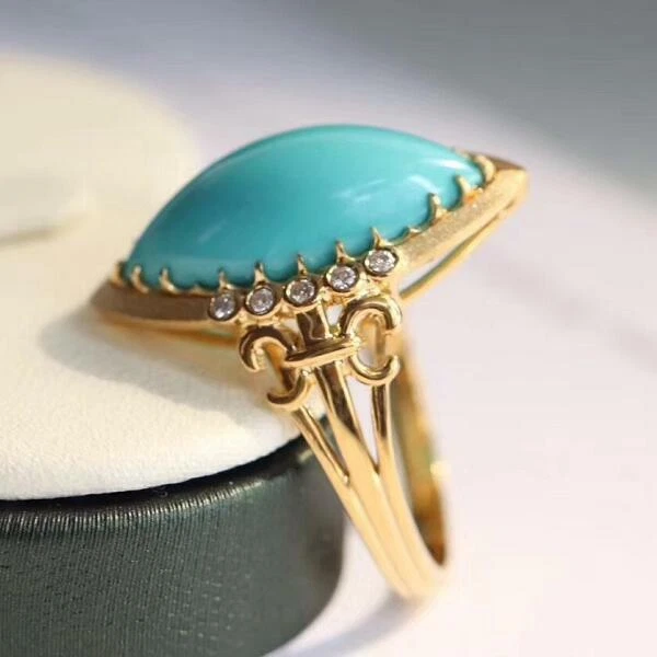 Anillo de compromiso turquesa natural marquesa de 5,0 quilates de oro amarillo sólido de 14 quilates Foto 3 de 4