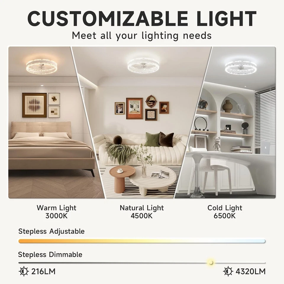 19.7in Dimmable Flush Mount Ceiling Fan & Light with Remote for Modern Homes - Image 4 of 4