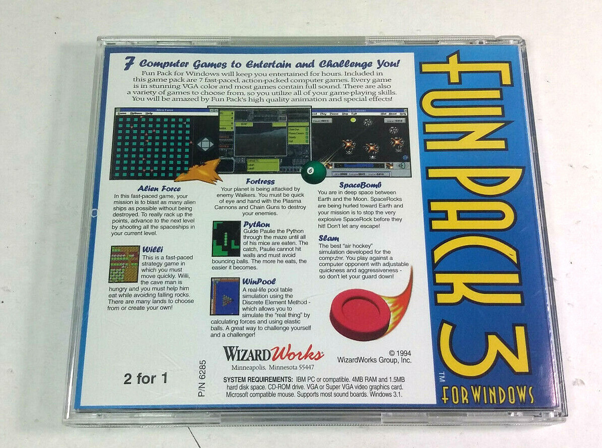 Fun Pack 3 For Windows PC CD-Rom 1994 VGA Graphic 7 Arcade Games