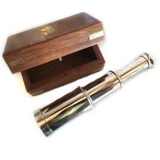 Brass & Chrome Pullout Telescope 6.25" w/ Wooden Box - Decor or Kids Adventure