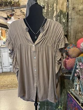 Cozy Co Top Taupe Ruffle Sleeves Gathered Detail Front And Back Cute Plus NWT 3x