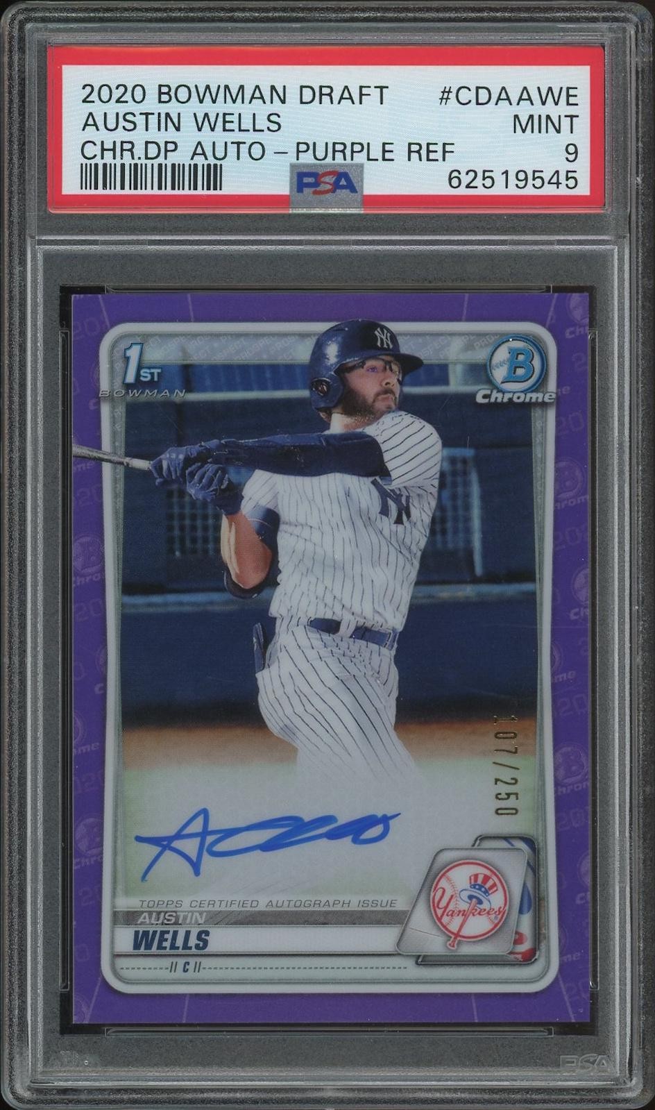 2020 Bowman Chrome Draft Austin Wells Purple Refractor Rookie Auto 107/250 PSA 9