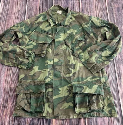 Vtg 60’s USMC Vietnam Military Poplin Camo Jungle Fatigue Jacket Slant Pocket M