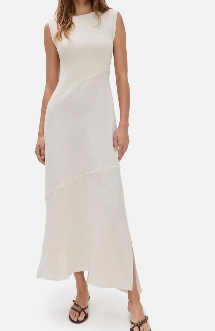 rag & bone Women Beige Lina Cotton Knit Linen Boat Neck Pullover Dress Size S