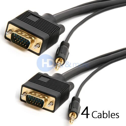 4x SVGA Super VGA HD15 M/M cable w/ 3.5mm Stereo Audio Gold Plated 15 FT