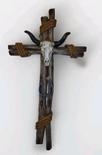 Western Crucifix Cross Plaque Long Horn Bull Skull Rustic Southern Wall Decor 