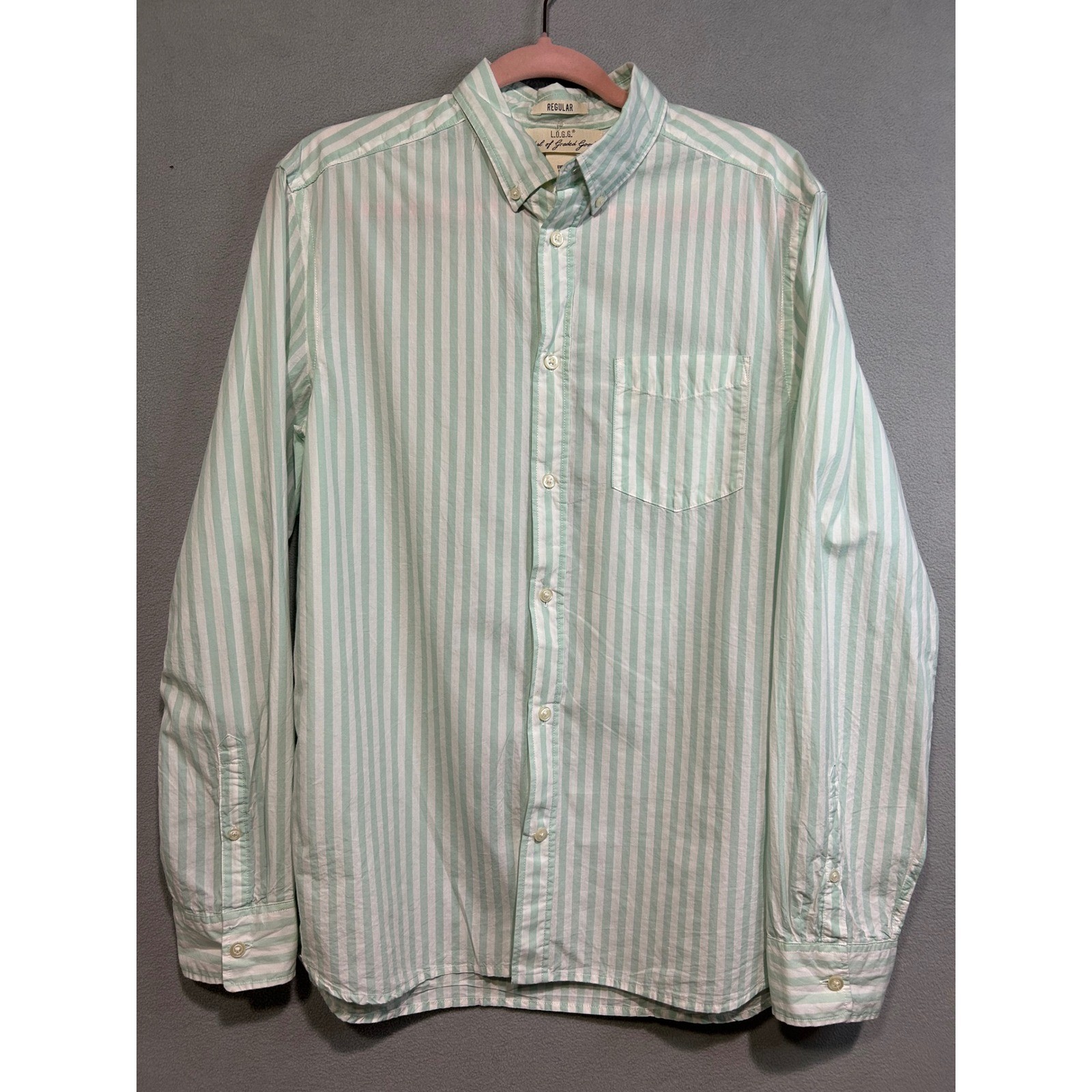 H&M Regular Fit Striped Button Down Shirt Mens Medium Mint Green White Cotton