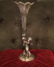 VICTORIAN REED & BARTON CHERUB & DOG FIGURAL SILVER PLATE & GLASS EPERGNE 14.5”