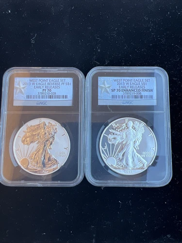 2013 W REVERSE PROOF SILVER EAGLE NGC PF70 & ENHANCED SP70 2 COIN WEST POINT SET