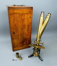 Vintage Joseph Long Binocular Microscope with Case c1890 #6054