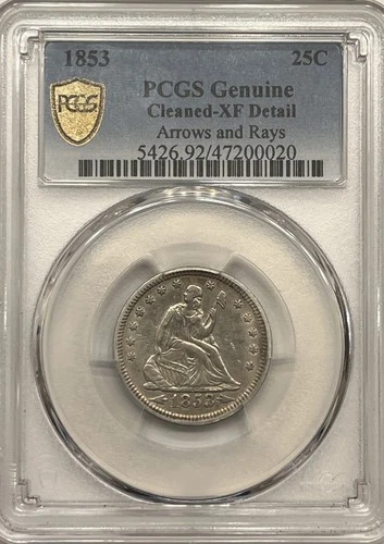 1853 Seated Liberty Quarter 25C Arrows & Rays PCGS Genuine Cleaned XF Detail