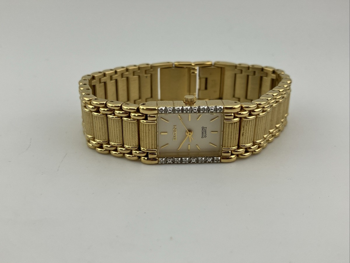 Vtg Elgin Ladies 17mm Watch Gold Tone Diamond Bezel Gold 