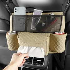 Beige Leather Car Handbag Purse Holder Between Front Seat Back Net Storage Bag