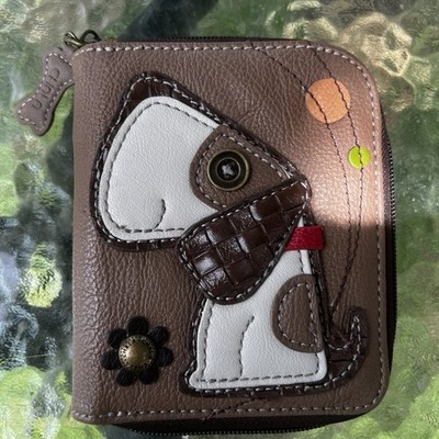 CHALA Toffy Dog Puppy Zip Around Wallet Wristlet Brown Vegan Faux Leather
