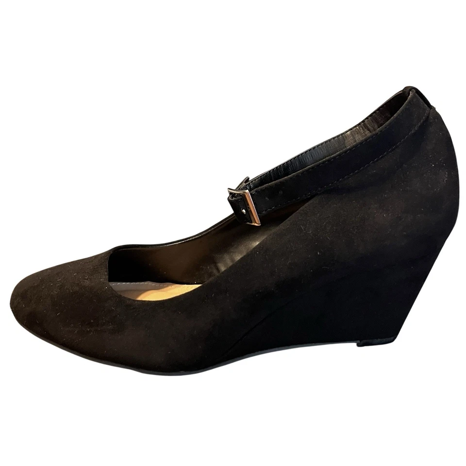 Zapatos Órridos 8.5W Ancho Negro Imitación Gamuza Mini Cuña Correa al Tobillo Elegante Formal Foto 2 de 4