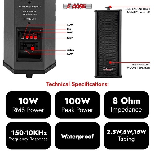 Altoparlanti da esterno 5core stereo da parete 100W picco passivo sistema home audio 2 pezzi - Foto 2 di 9