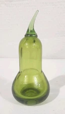 Vintage RAINBOW Green Art Glass Pear Paperweight Sculpture Hand Blown Figurine