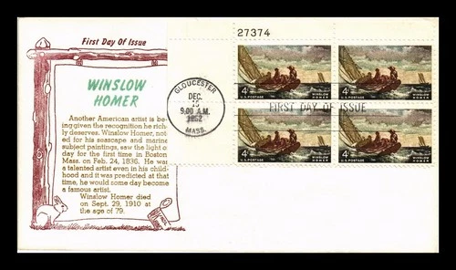 DR JIM STAMPS US COVER WINSLOW HOMER ARTIST FDC PLATE BLOCK KHOL KRAFT CACHET