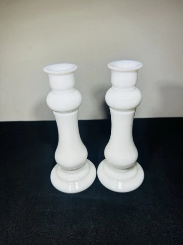 Vintage MCM Pair of E.O. Brody White Milk Glass Candlestick Vases 8" M118 USA