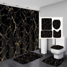 4Pcs Shower Curtain Sets Black and Gold Marble Bathroom Sets with Shower Cu