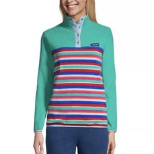 Lands End Heritage Fleece Jacket Sz 1X 16-18 Pullover Snap Aqua Stripe Cozy Fall