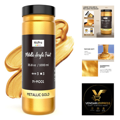 Nicpro Acrylfarbe Gold Metallic 1000 ml Lichtecht Bastelfarbe Metall