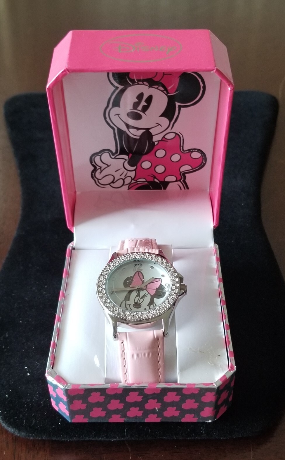 Sanrio Disney MZB Watch Silver Tone Crystal Bezel Pink Faux Leather Band 5.5"-7"