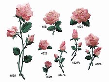 Pink Rose Flower w/Green Leaves Embroidery Iron On Applique Patch