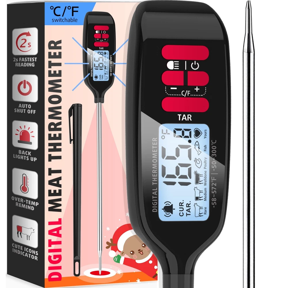 Meat Thermometer with Long Food Temperature Probe, Digital Instant Read Food ...