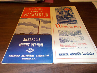 1930s or 40s AAA Washington, DC/Annapolis/Mount Vernon Vintage Road Map 