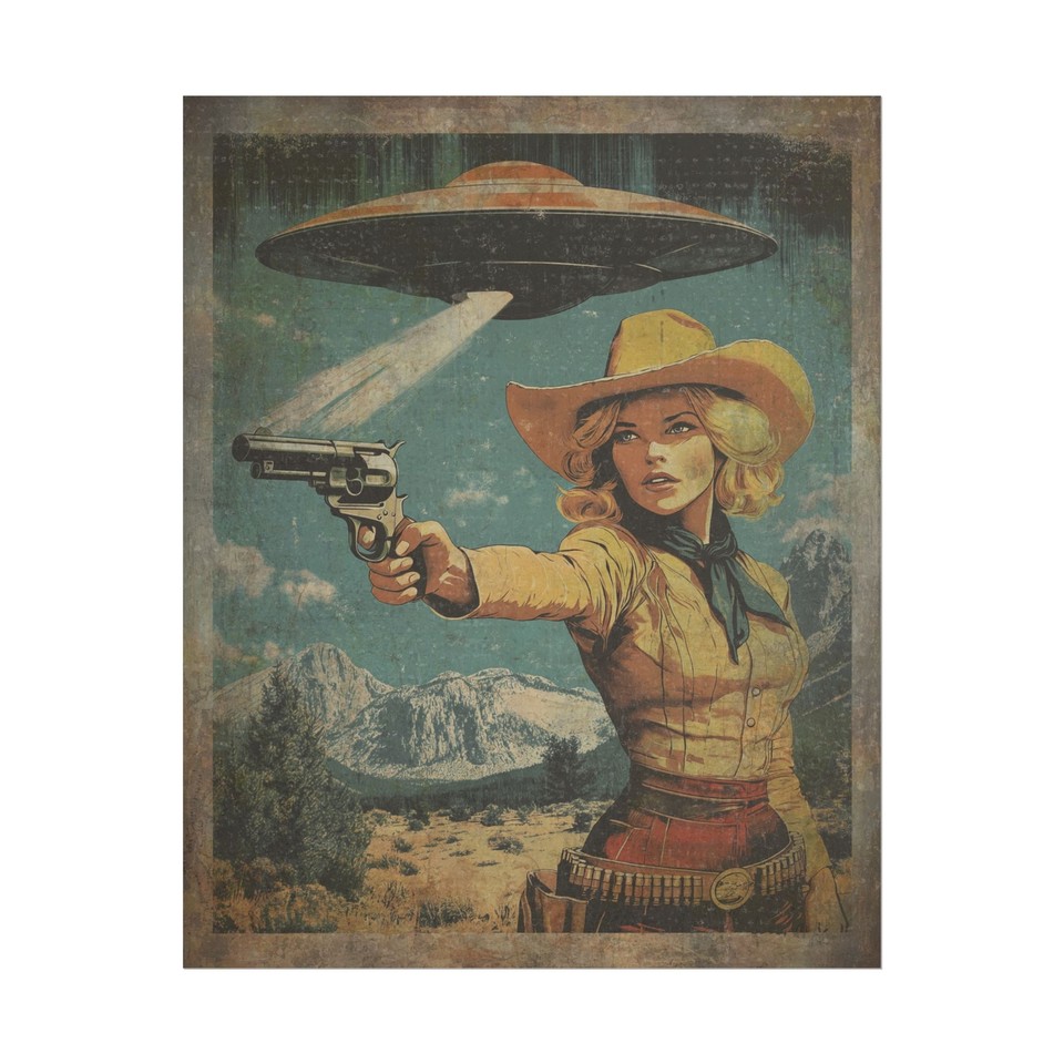 A UFO-riding cowgirl gunslinger in cosmic space — chaotic maximalist energy that somehow works perfectly as statement wall art.